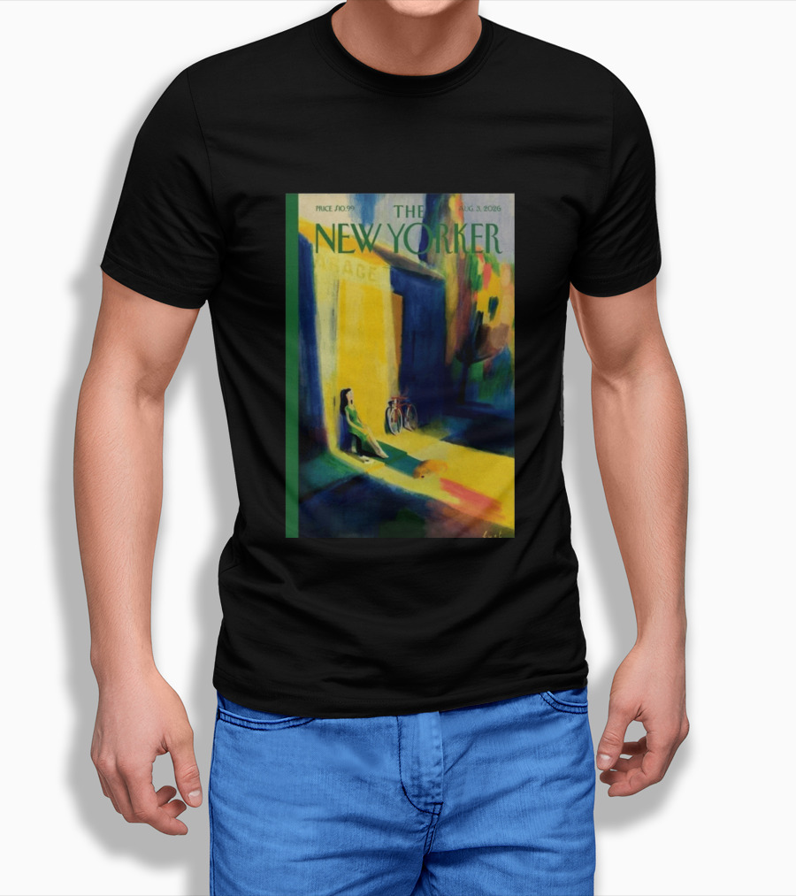 The New Yorker August 3 2026 Pierre Emmanuel Lyet Cover Art Female Figure With Bicycle In Vibrant Alley Scene T-Shirt
