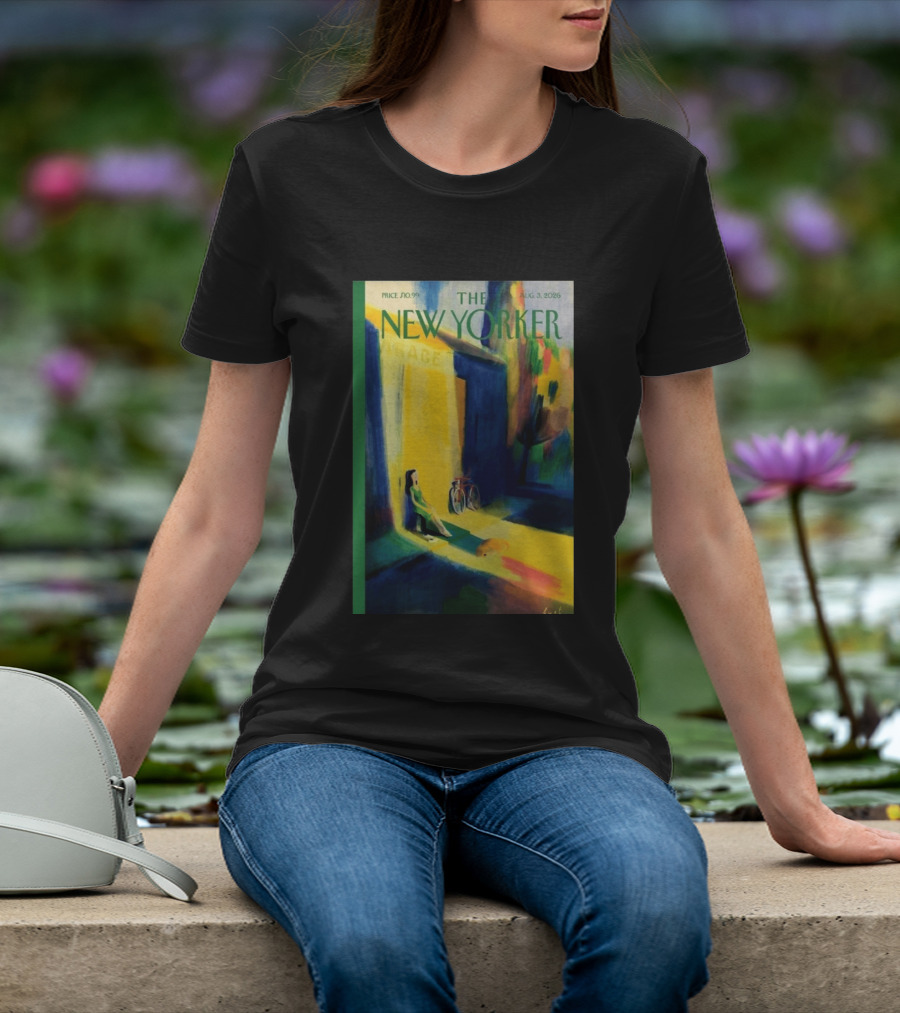 The New Yorker August 3 2026 Pierre Emmanuel Lyet Cover Art Female Figure With Bicycle In Vibrant Alley Scene T-Shirt