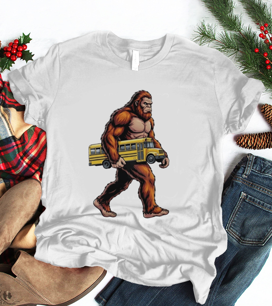 Bigfoot Sasquatch Carrying Yellow School Bus T-Shirt