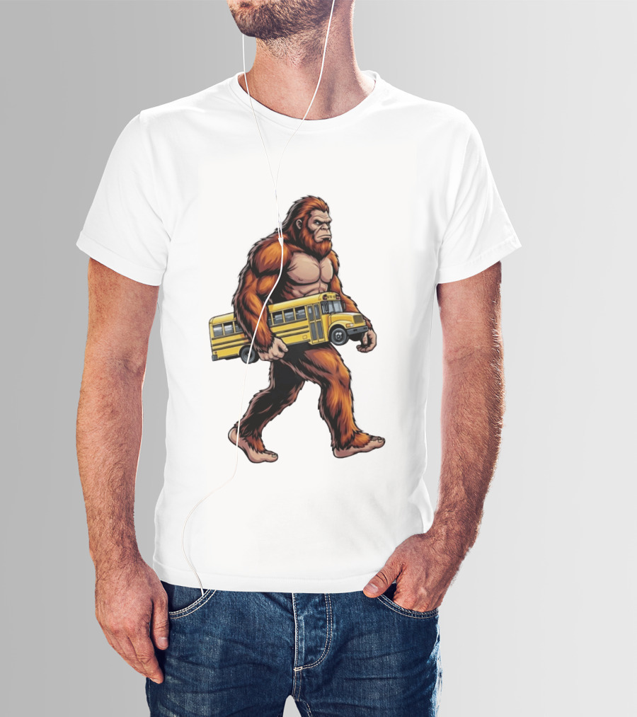 Bigfoot Sasquatch Carrying Yellow School Bus T-Shirt