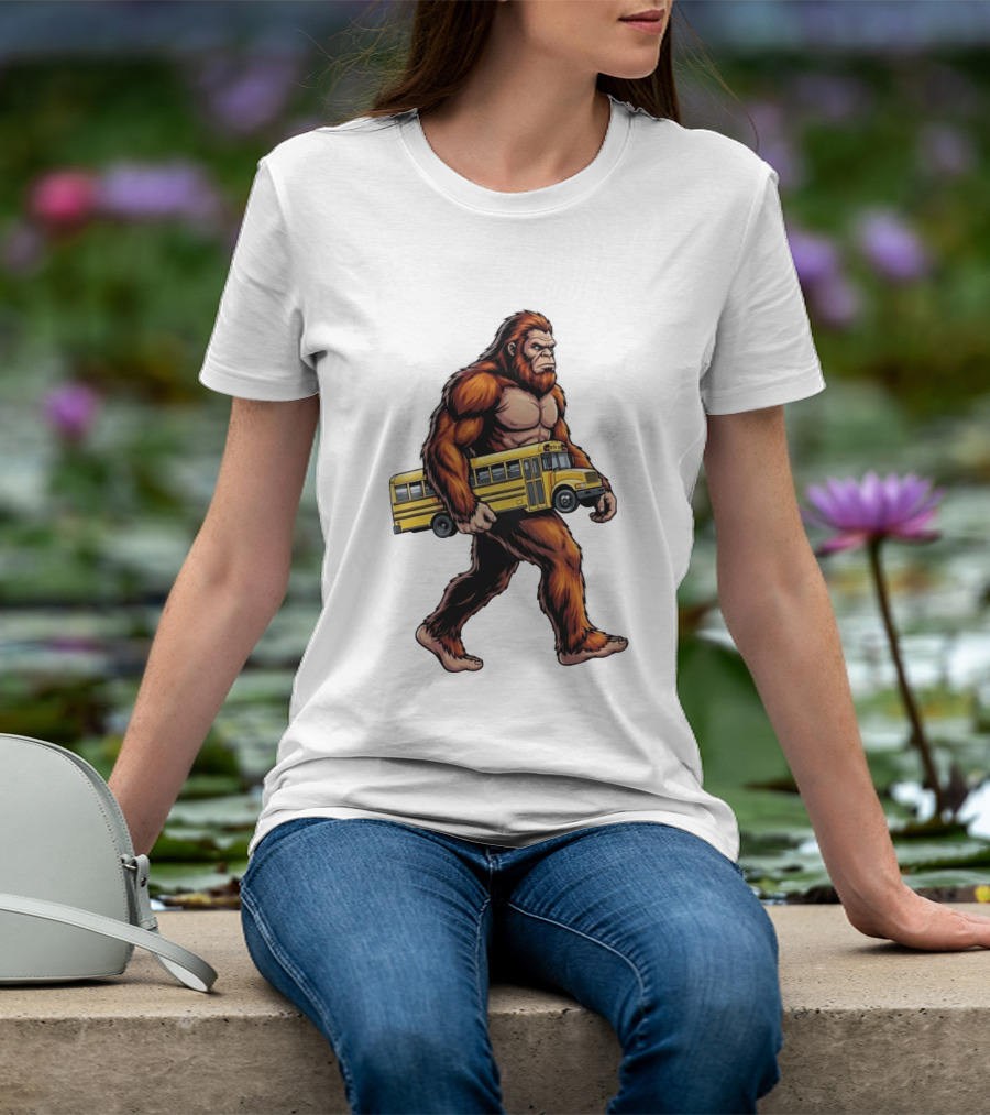 Bigfoot Sasquatch Carrying Yellow School Bus T-Shirt