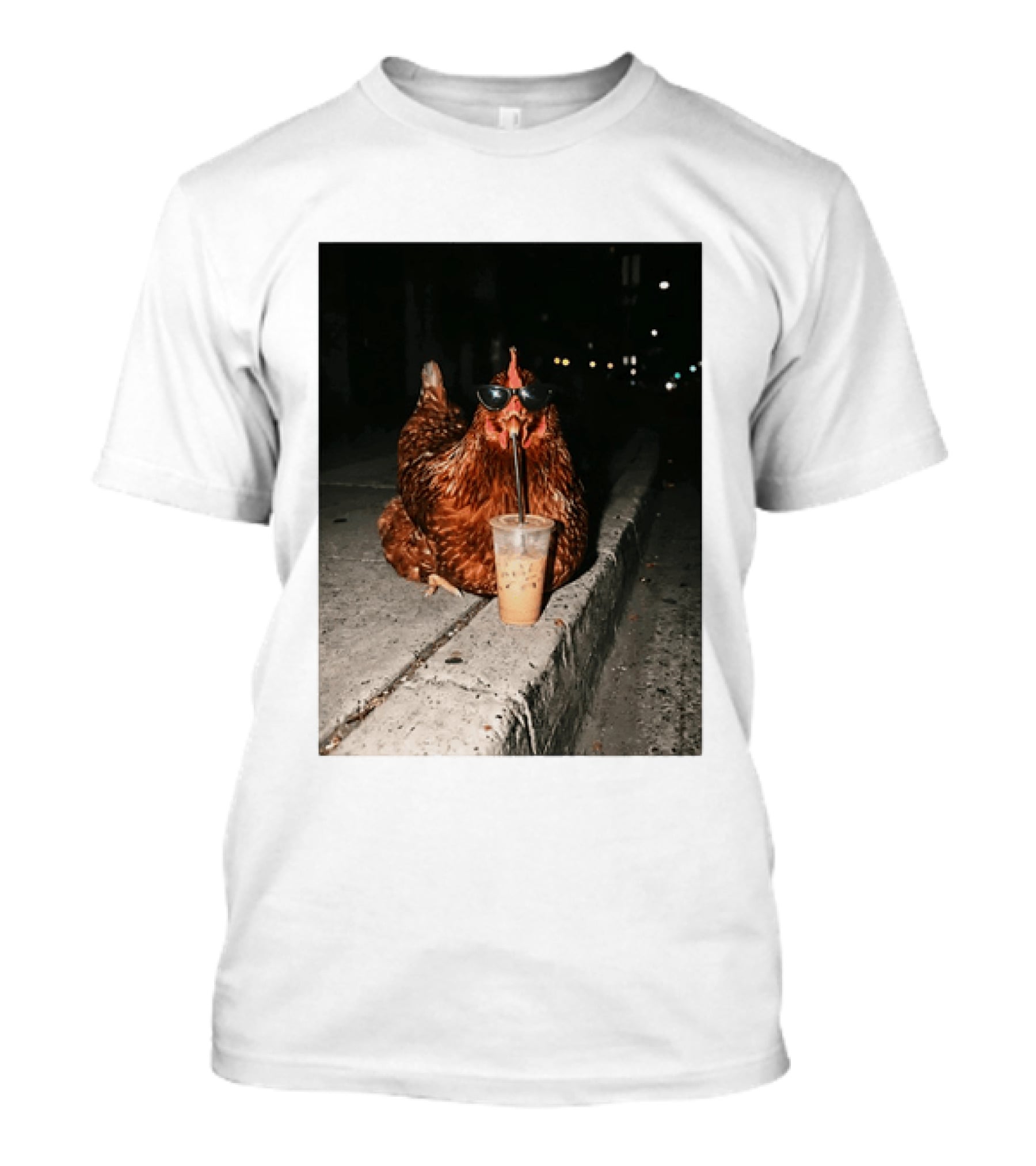 Chicken Wearing Sunglasses Drinking Iced Coffee At Night T-Shirt