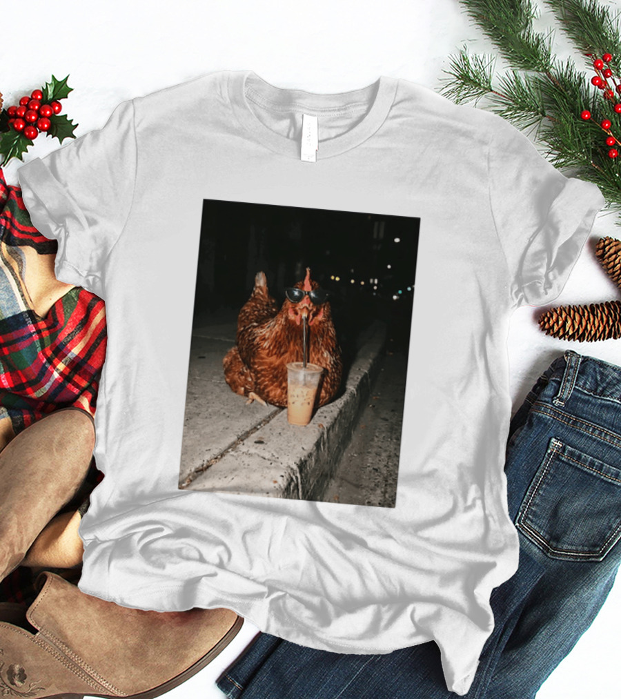 Chicken Wearing Sunglasses Drinking Iced Coffee At Night T-Shirt
