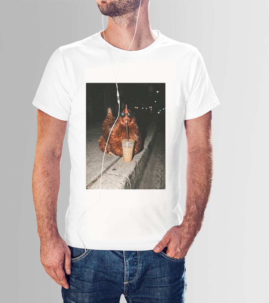 Chicken Wearing Sunglasses Drinking Iced Coffee At Night T-Shirt