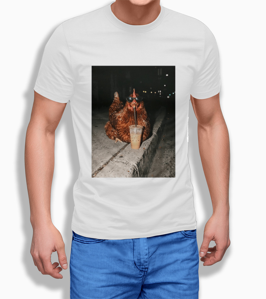 Chicken Wearing Sunglasses Drinking Iced Coffee At Night T-Shirt