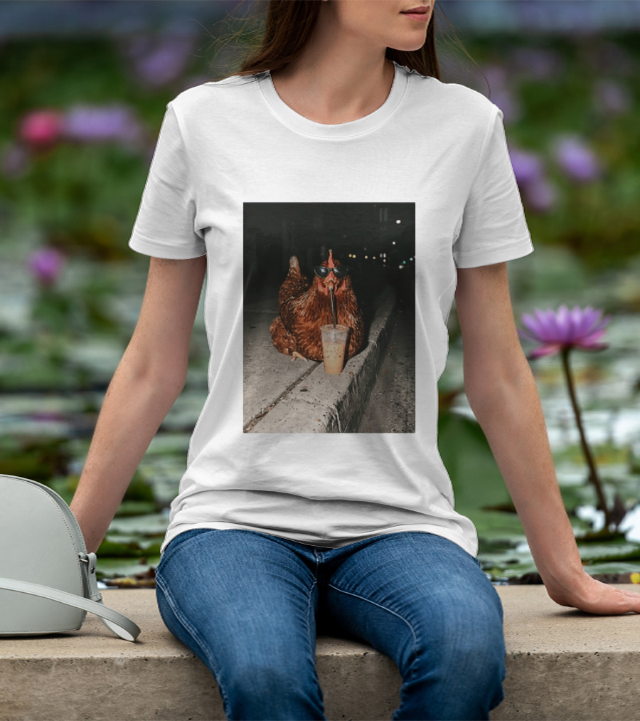 Chicken Wearing Sunglasses Drinking Iced Coffee At Night T-Shirt