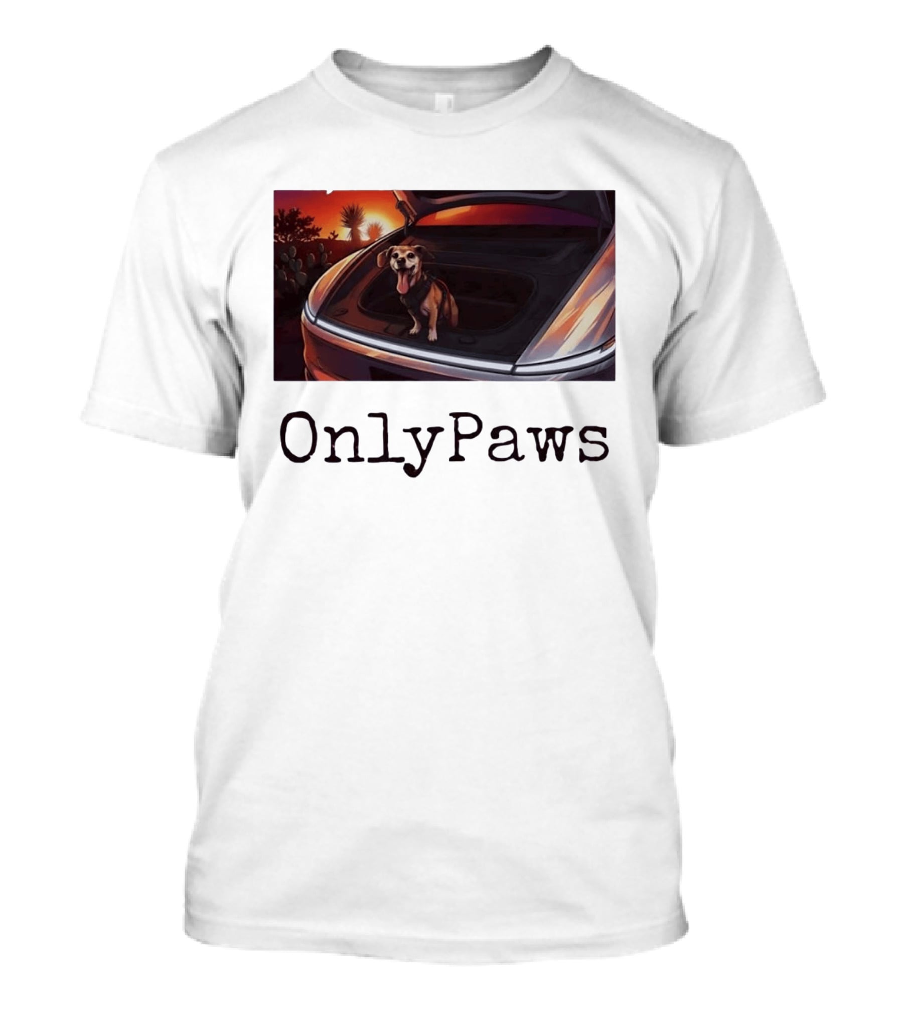 OnlyPaws Dog In Car Trunk At Sunset Desert Scene T-Shirt
