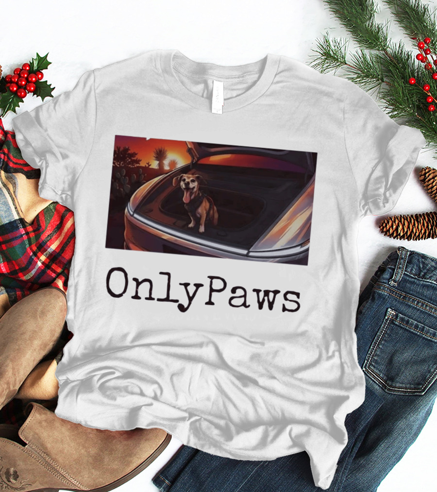 OnlyPaws Dog In Car Trunk At Sunset Desert Scene T-Shirt