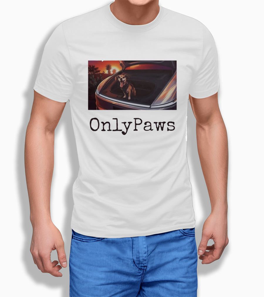 OnlyPaws Dog In Car Trunk At Sunset Desert Scene T-Shirt