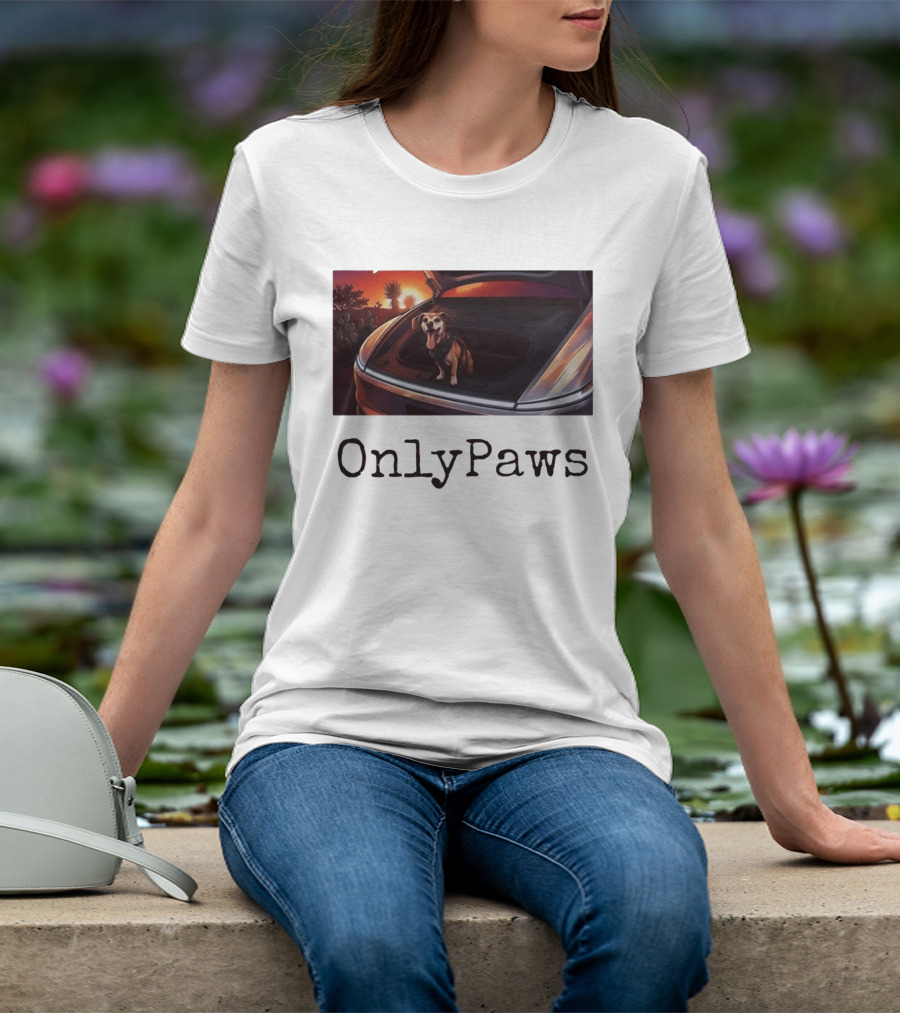OnlyPaws Dog In Car Trunk At Sunset Desert Scene T-Shirt