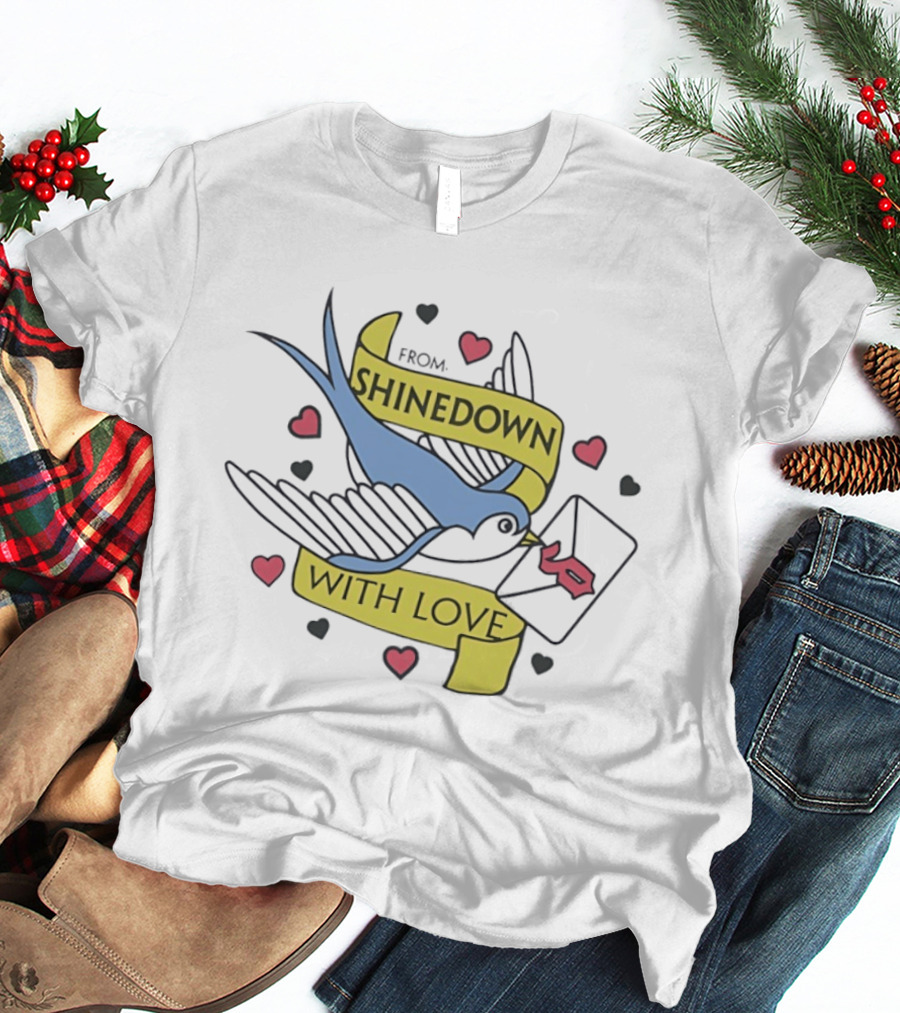 From Shinedown With Love Swallow Bird Carrying Letter Hearts Rock Music T-Shirt