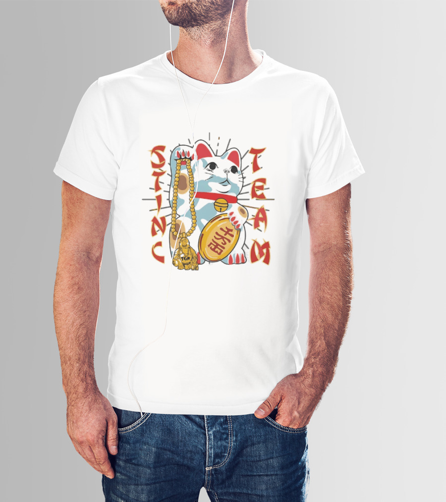 Stinc Team TGF Maneki Neko Lucky Cat With Buddha Figurine T-Shirt