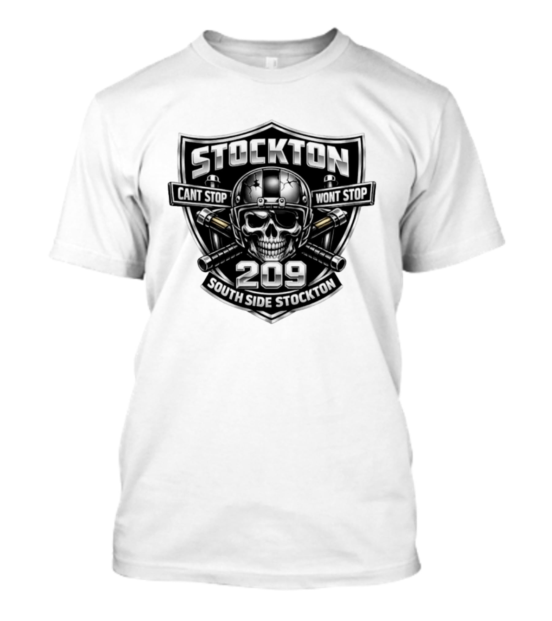 Stockton 209 Cant Stop Wont Stop South Side Stockton Skull Helmet Crossed Bats T-Shirt