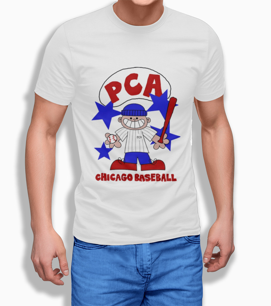 PCA Chicago Baseball Cartoon Youth Kids Sports Humor Red Blue Stars T-Shirt