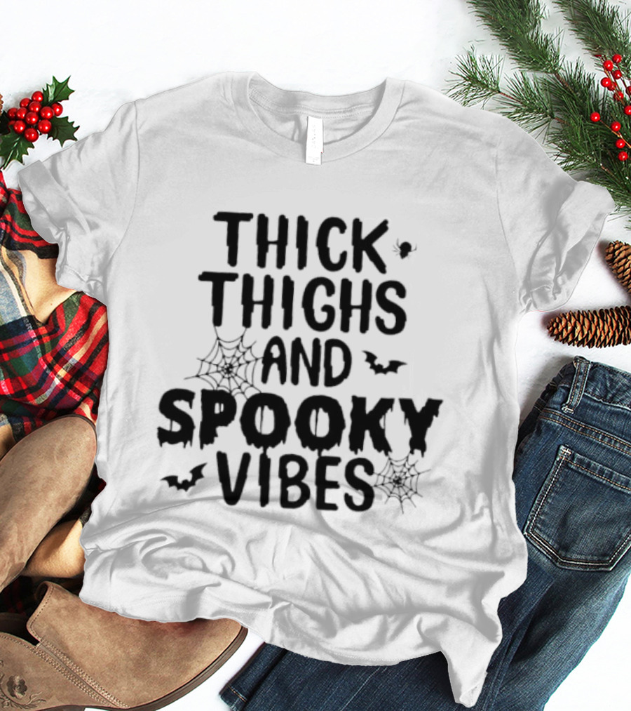 Thick Thighs And Spooky Vibes Halloween 2025 Cartoon With Bats And Spiderwebs T-Shirt