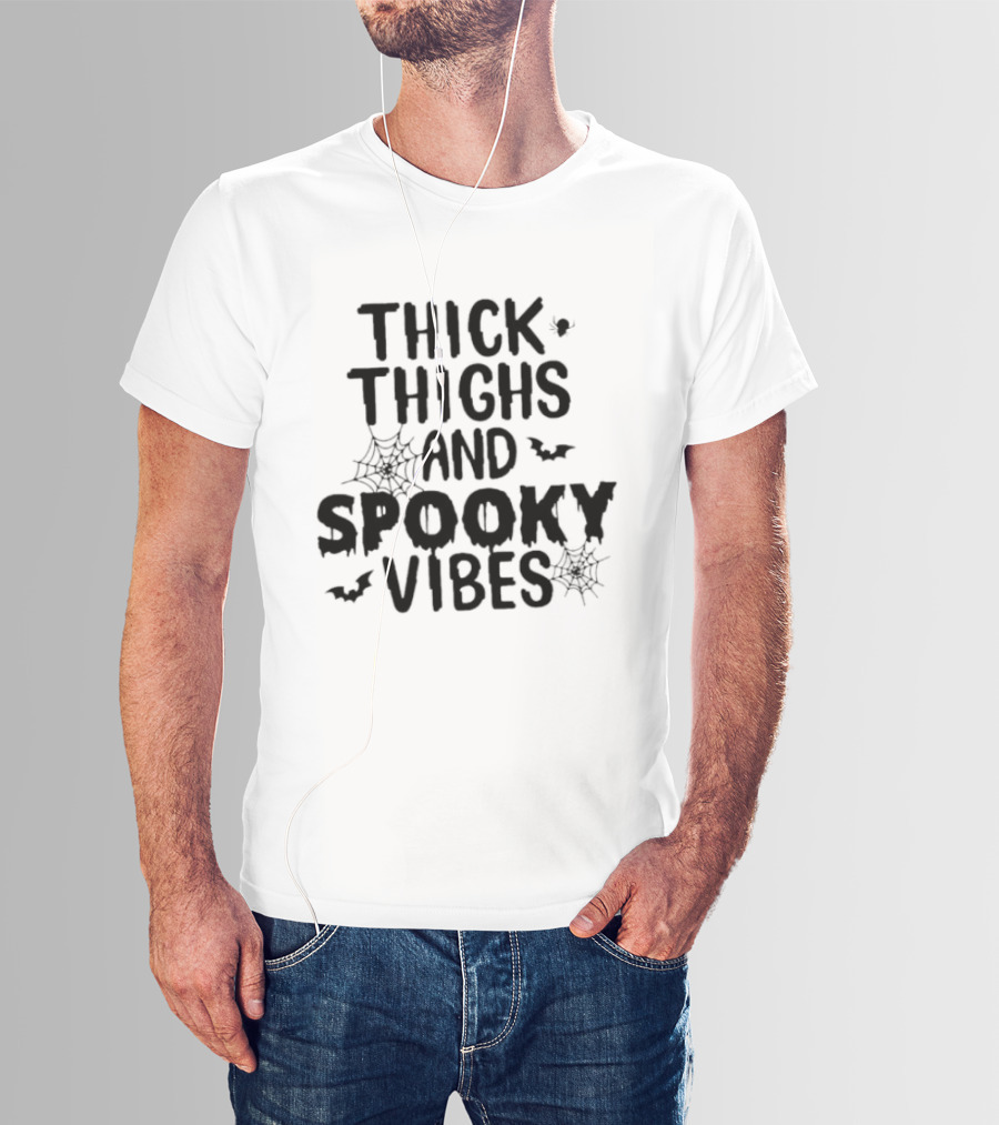 Thick Thighs And Spooky Vibes Halloween 2025 Cartoon With Bats And Spiderwebs T-Shirt