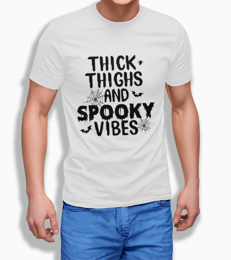 Thick Thighs And Spooky Vibes Halloween 2025 Cartoon With Bats And Spiderwebs T-Shirt