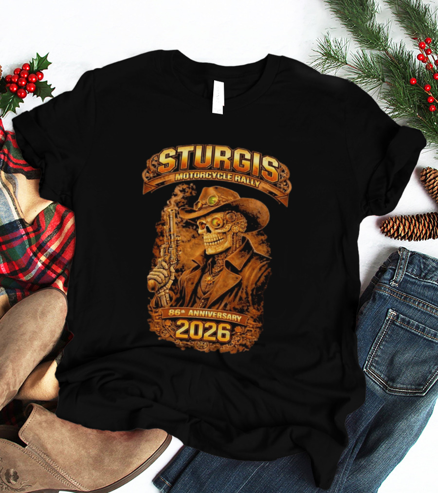 Sturgis Motorcycle Rally 2026 86th Anniversary Steampunk Cowboy Skull T-Shirt