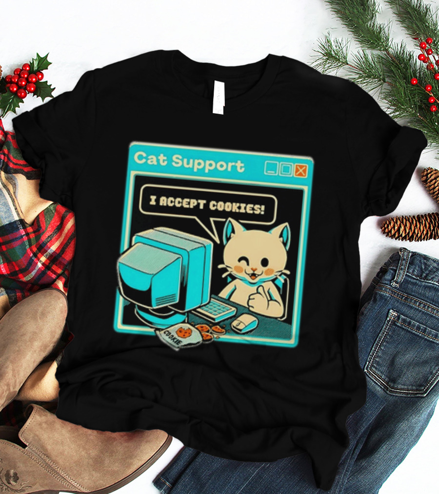 Cat Support I Accept Cookies Computer Cartoon Comic T-Shirt