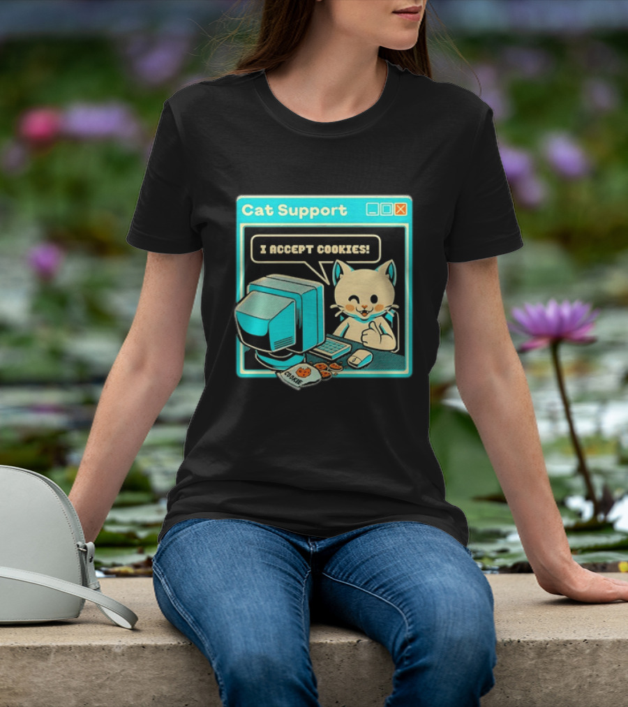 Cat Support I Accept Cookies Computer Cartoon Comic T-Shirt
