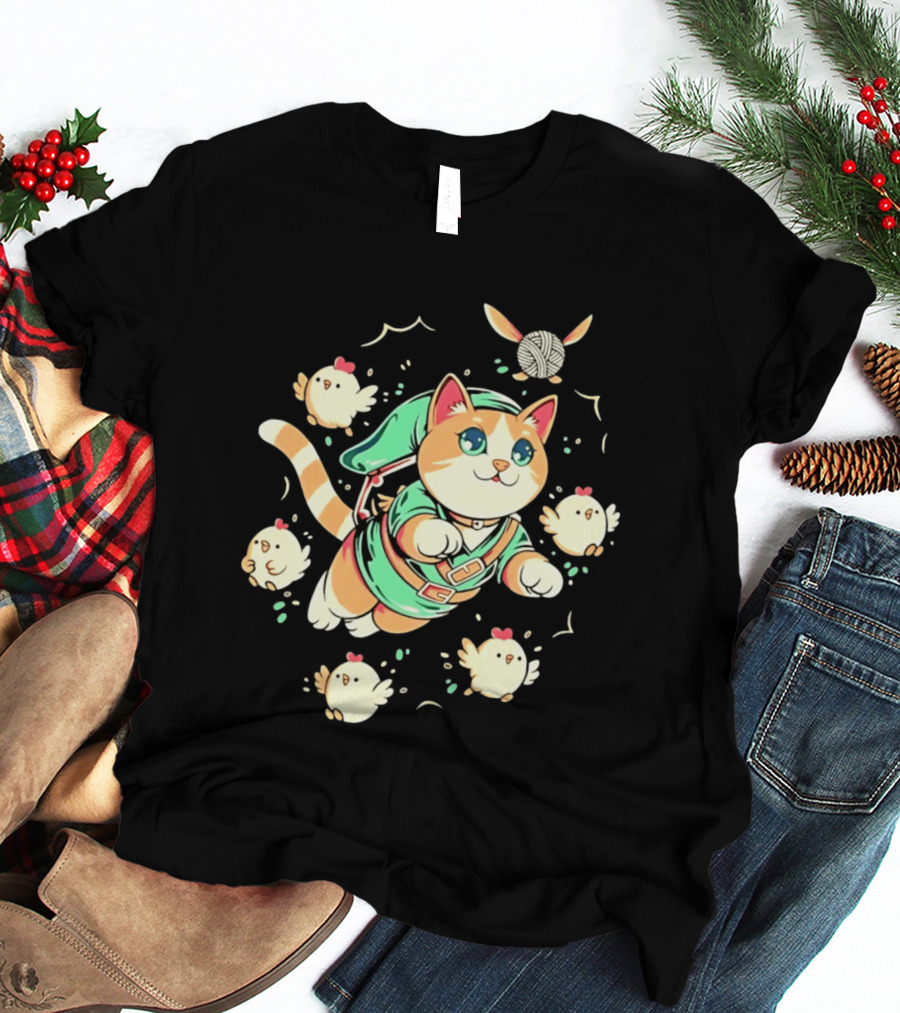 Fantasy Adventurer Cat In Green Tunic With Chickens And Yarn Ball T-Shirt