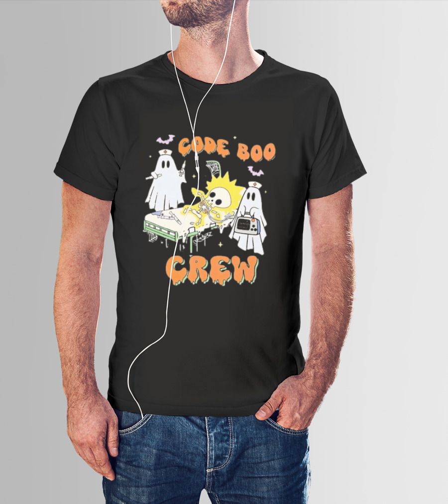 Code Boo Crew Halloween Ghost Nurse Skeleton Scene T-Shirt