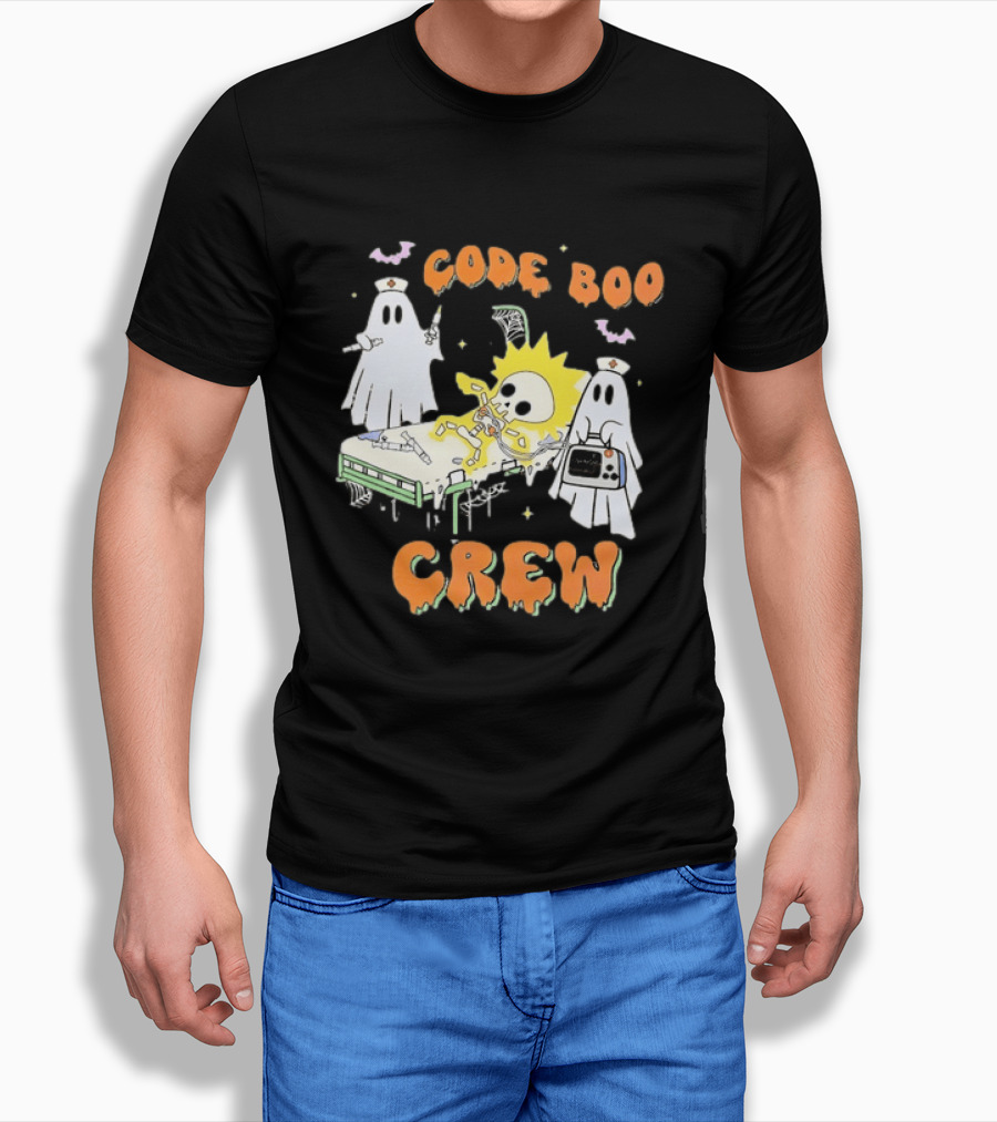 Code Boo Crew Halloween Ghost Nurse Skeleton Scene T-Shirt