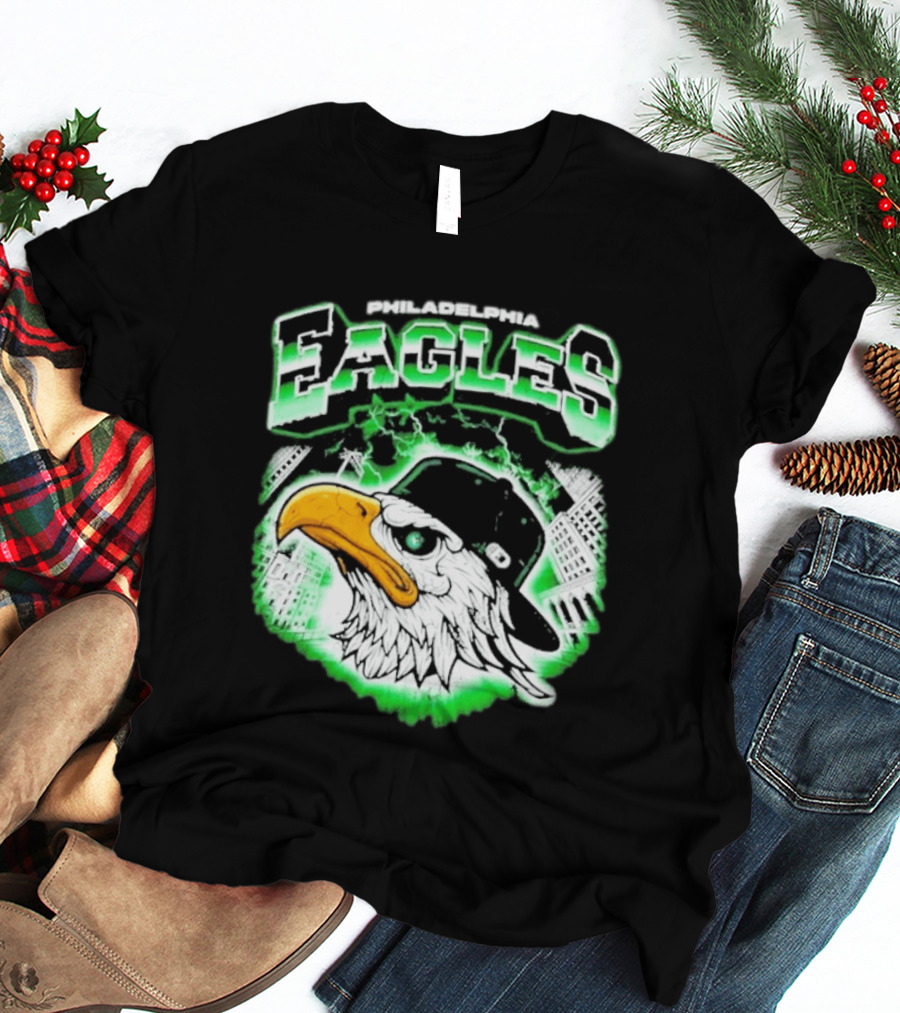 Philadelphia Eagles Mascot With Baseball Cap And City Skyline T-Shirt