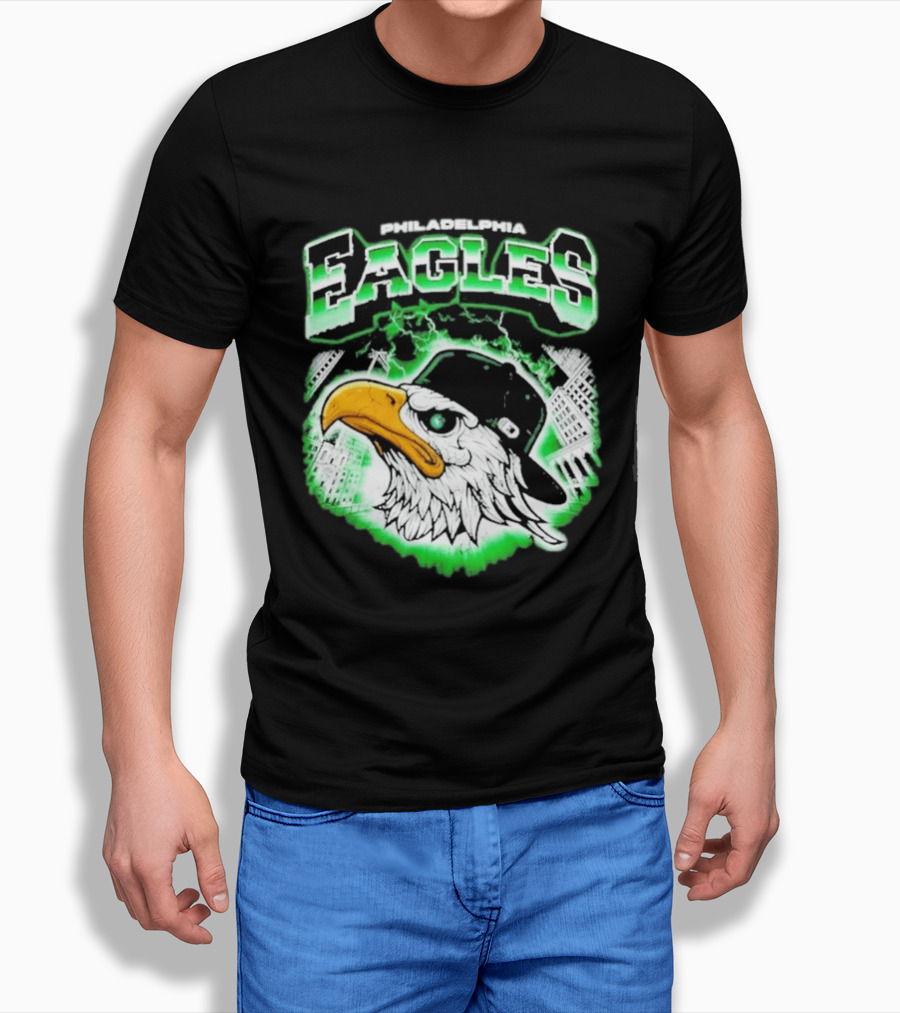 Philadelphia Eagles Mascot With Baseball Cap And City Skyline T-Shirt