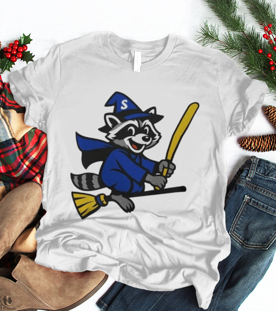 Seattle Mariners Jimothy The Etsy Witch Raccoon Flying Broomstick T-Shirt