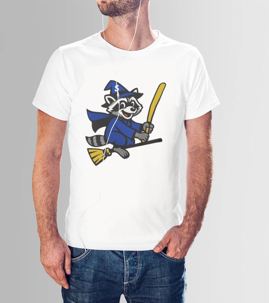 Seattle Mariners Jimothy The Etsy Witch Raccoon Flying Broomstick T-Shirt