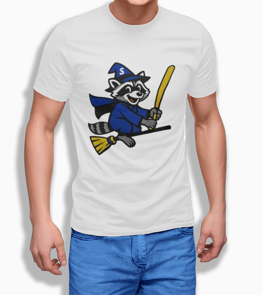 Seattle Mariners Jimothy The Etsy Witch Raccoon Flying Broomstick T-Shirt