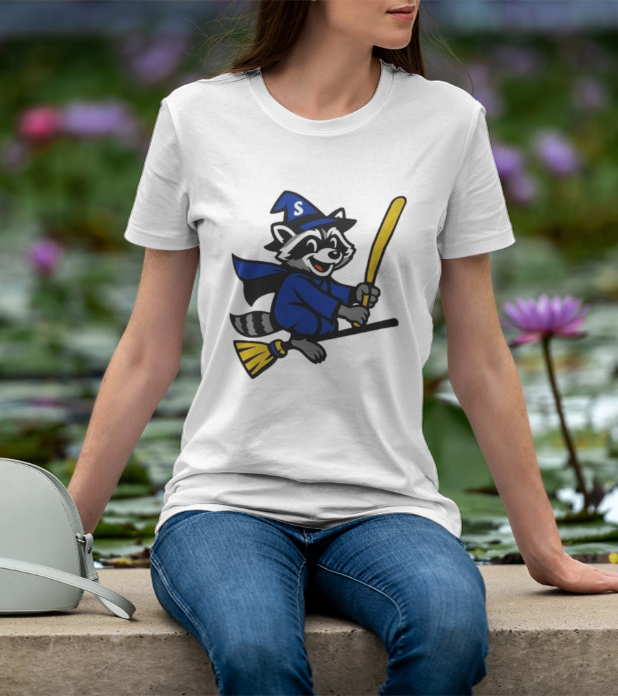 Seattle Mariners Jimothy The Etsy Witch Raccoon Flying Broomstick T-Shirt