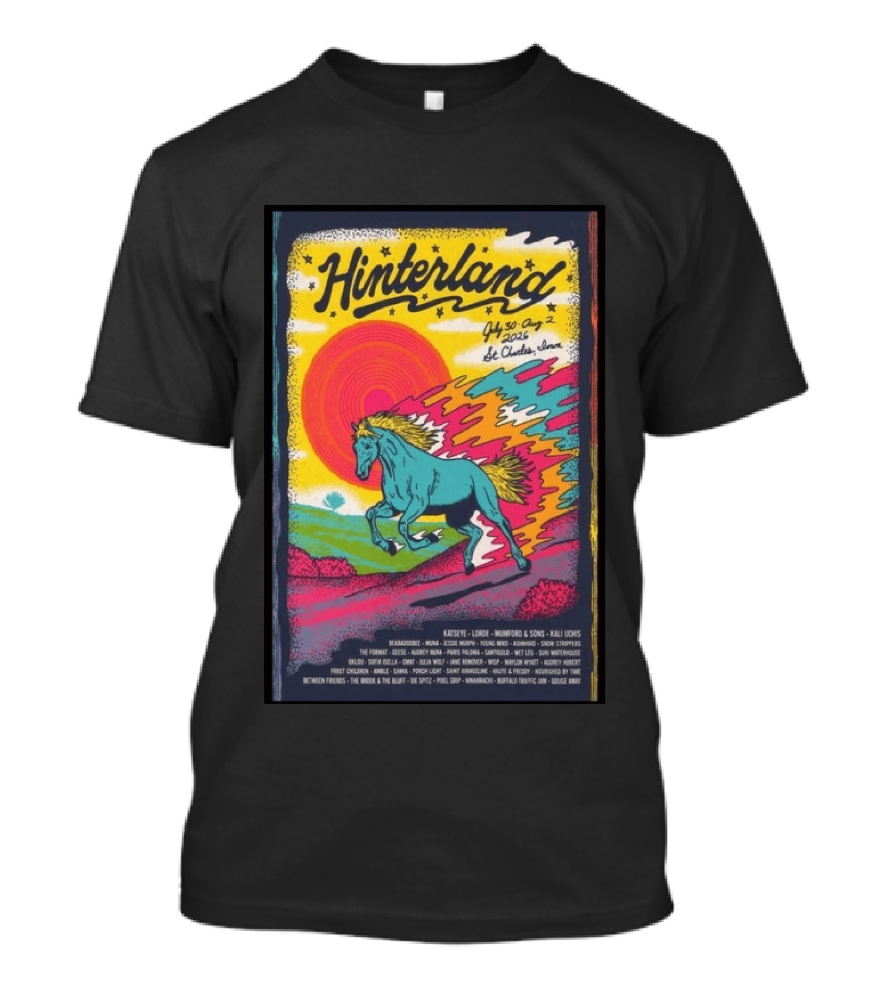 Hinterland Music Festival 2026 St. Charles Iowa July 30 August 2 Lineup Kaleidoscopic Horse T-Shirt