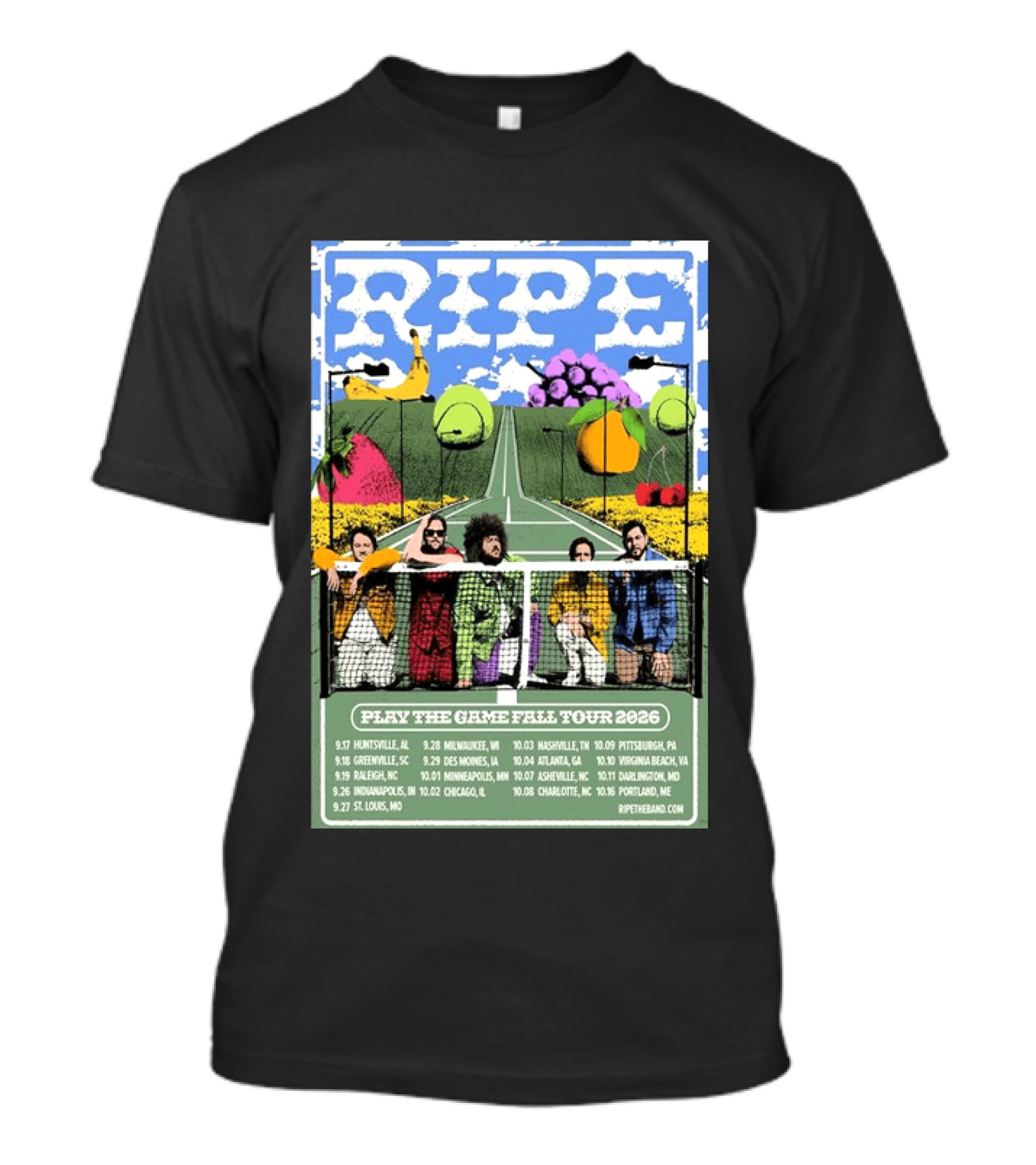 Ripe Play The Game Fall Tour 2026 With Fruit And Tennis Court T-Shirt