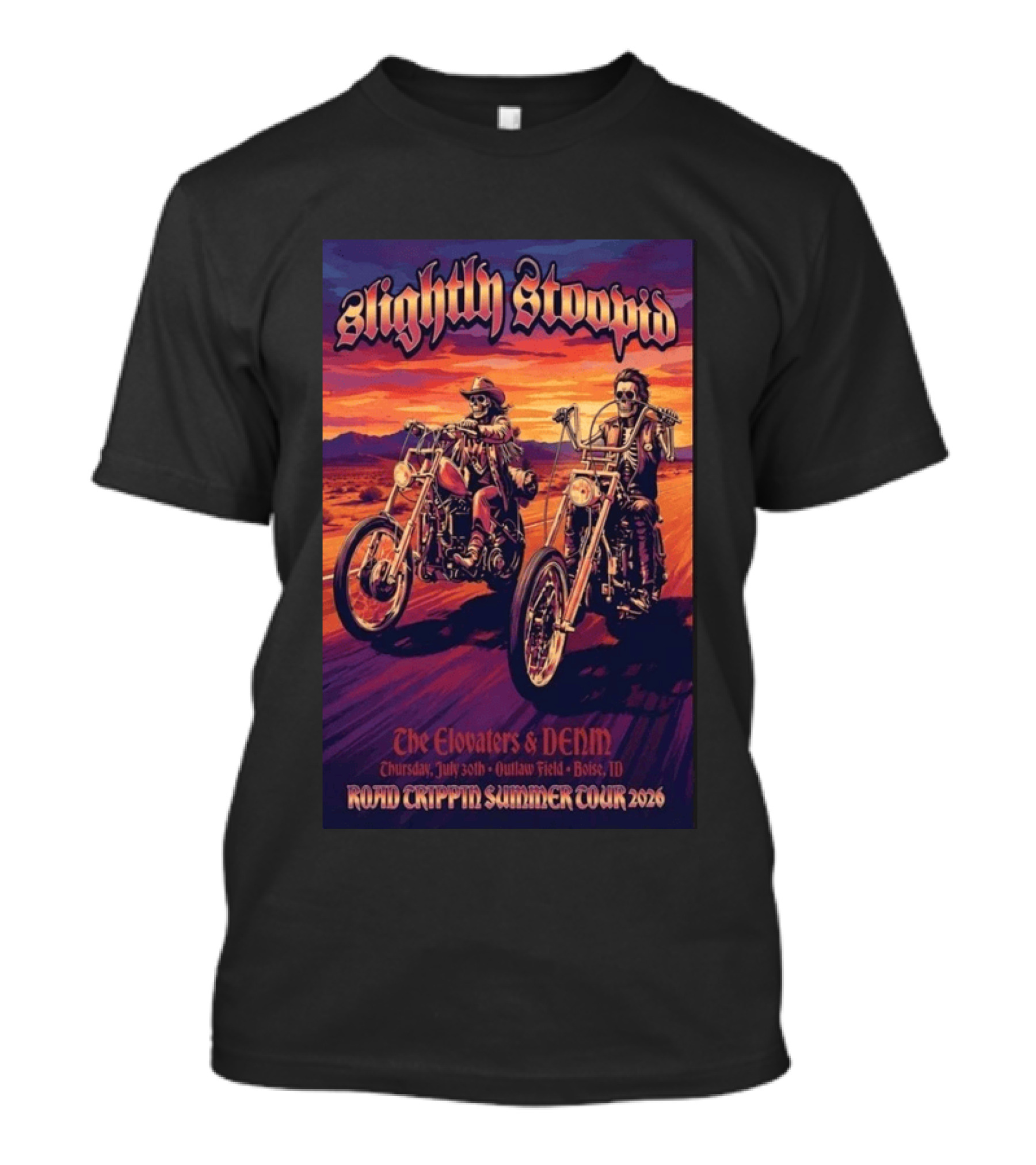 Slightly Stoopid Road Trippin Summer Tour 2026 The Elovaters DENM Boise Thursday July 30 Outlaw Field T-Shirt