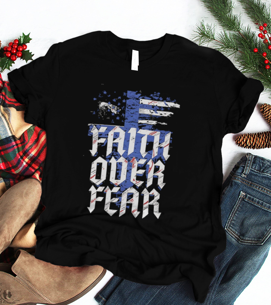 Faith Over Fear Distressed American Flag Cross T-Shirt