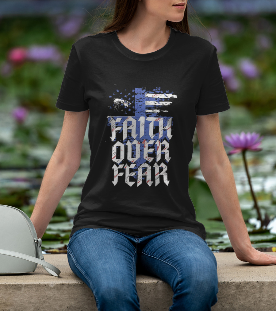 Faith Over Fear Distressed American Flag Cross T-Shirt