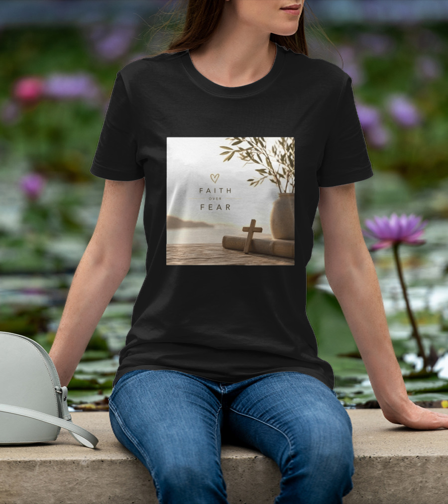 Faith Over Fear Christian Cross Heart With Bible And Olive Branches T-Shirt