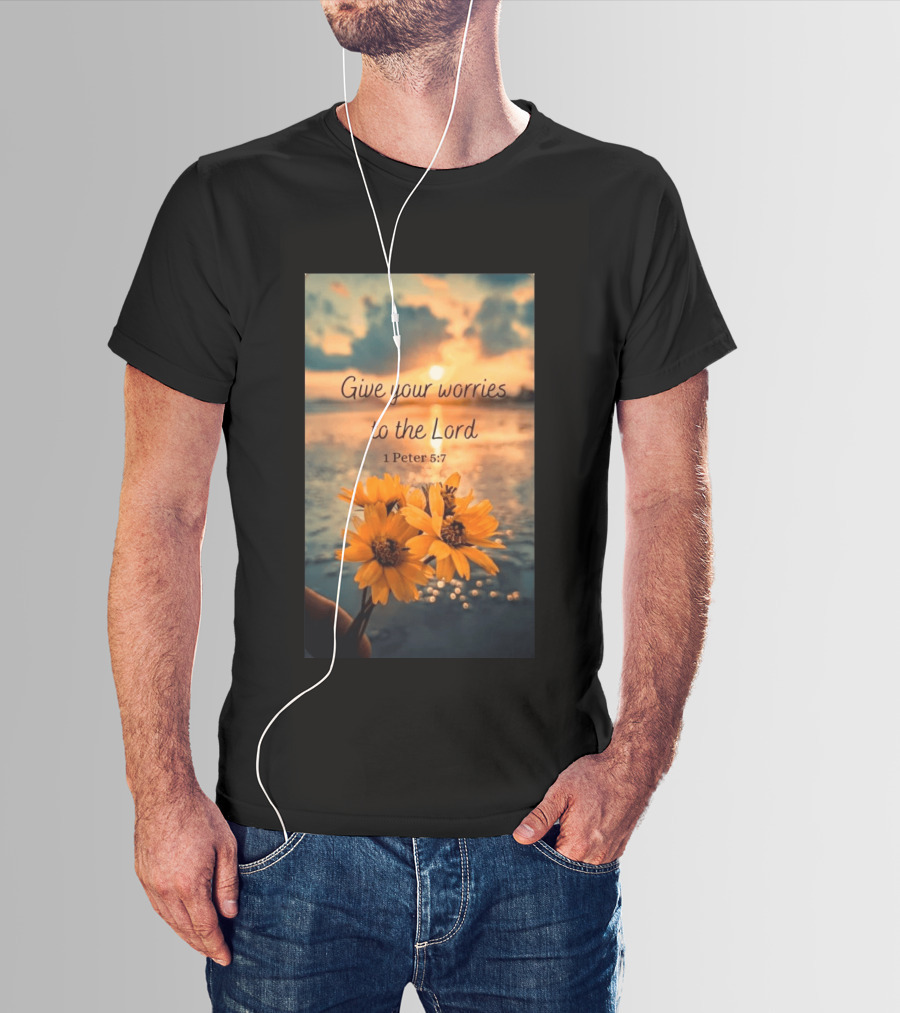 Give Your Worries To The Lord 1 Peter 5:7 Yellow Flowers At Sunset With Ocean T-Shirt