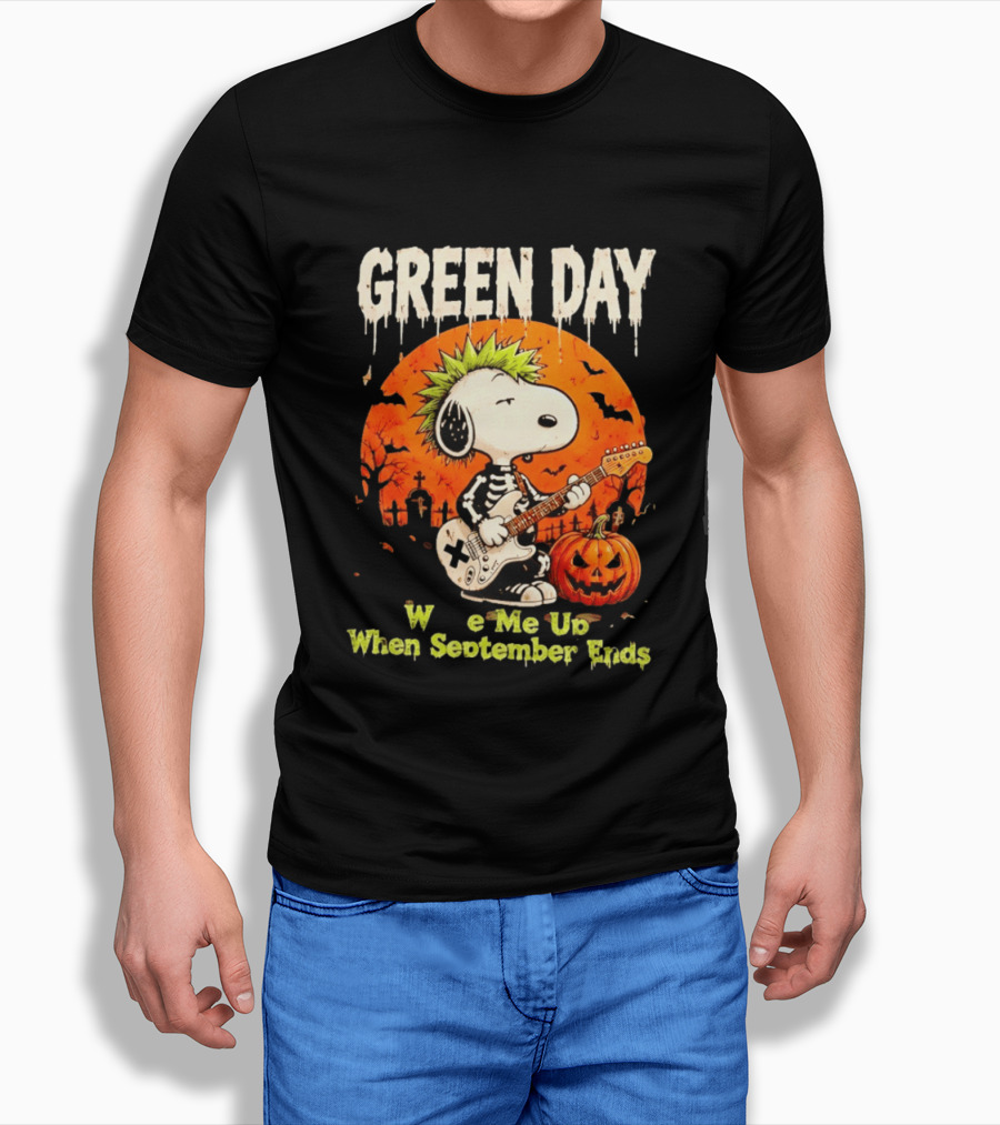 Green Day Snoopy Skeleton Guitar Wake Me Up When September Ends Halloween Pumpkin T-Shirt
