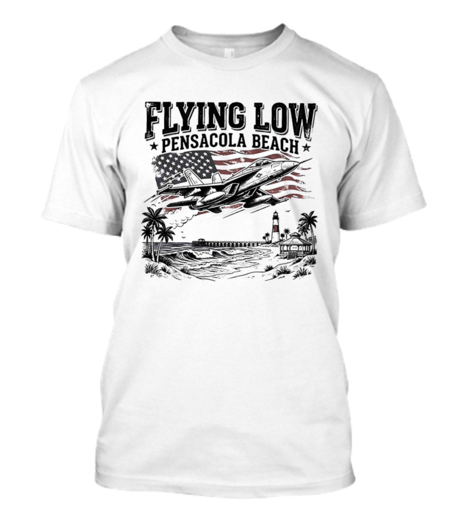 Flying Low Pensacola Beach American Flag Fighter Jet Scenic Beach View T-Shirt