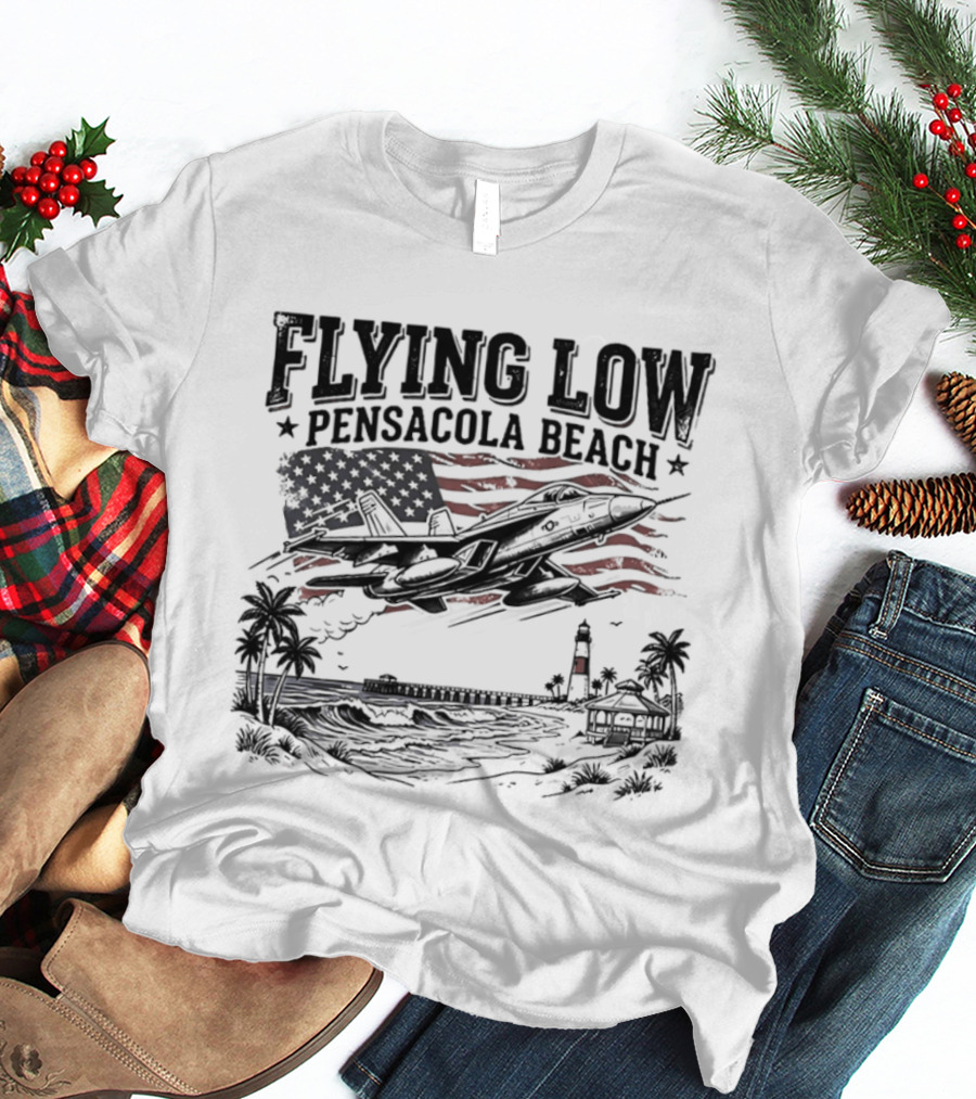 Flying Low Pensacola Beach American Flag Fighter Jet Scenic Beach View T-Shirt