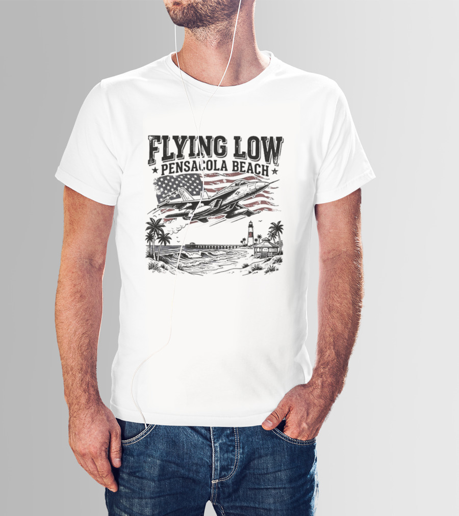 Flying Low Pensacola Beach American Flag Fighter Jet Scenic Beach View T-Shirt