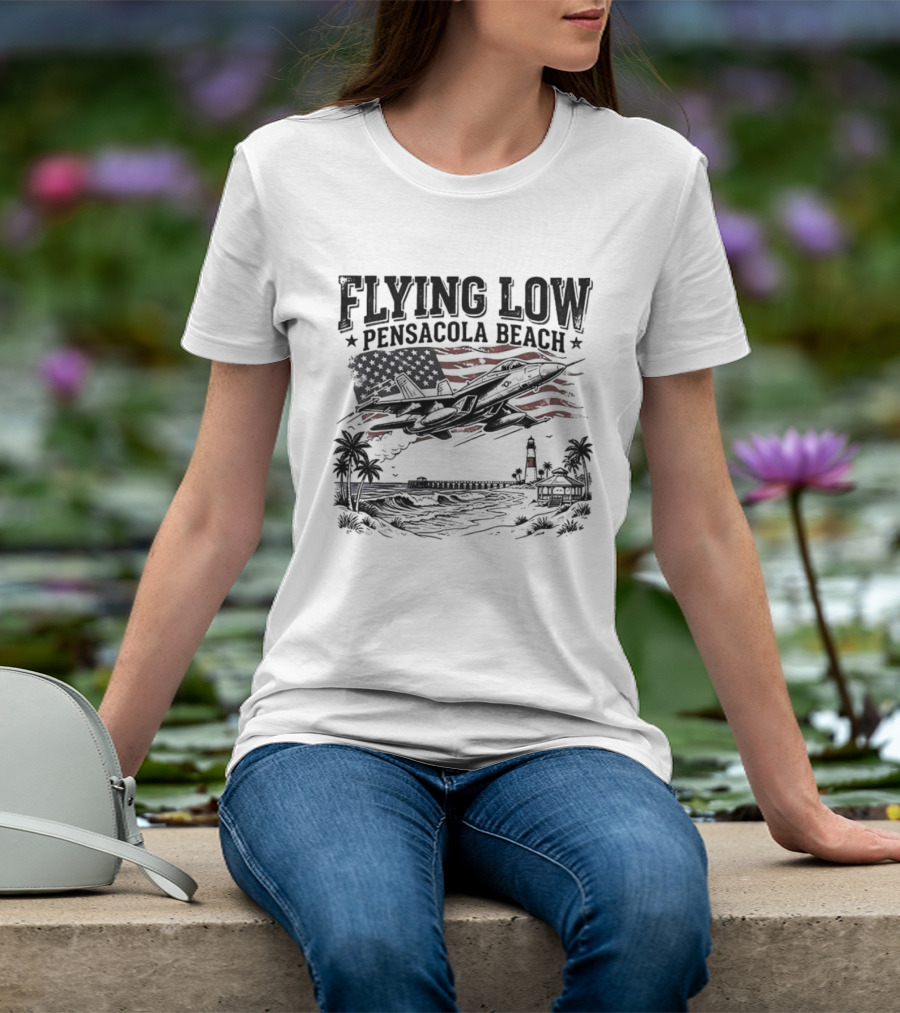 Flying Low Pensacola Beach American Flag Fighter Jet Scenic Beach View T-Shirt