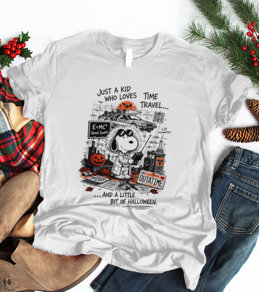 Snoopy Just A Kid Who Loves Time Travel Halloween Pumpkin Scene T-Shirt