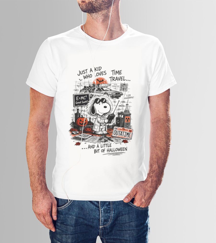 Snoopy Just A Kid Who Loves Time Travel Halloween Pumpkin Scene T-Shirt