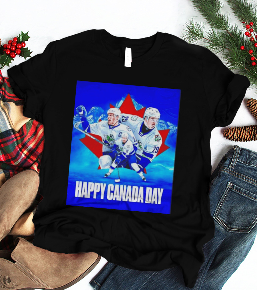 Abbotsford Canucks Happy Canada Day Celebration Collage With Hockey Players And Maple Leaf T-Shirt