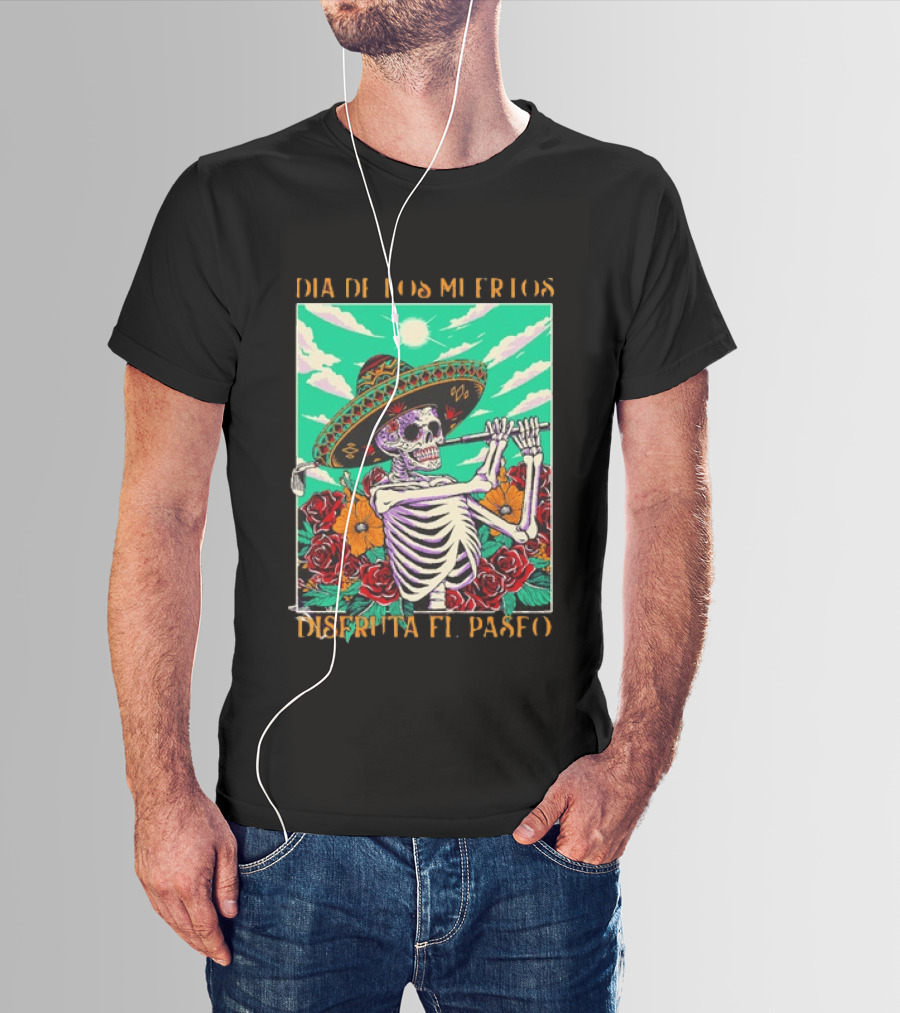 Calavera Golfer Día De Los Muertos Sombrero Flores Disfruta El Paseo T-Shirt