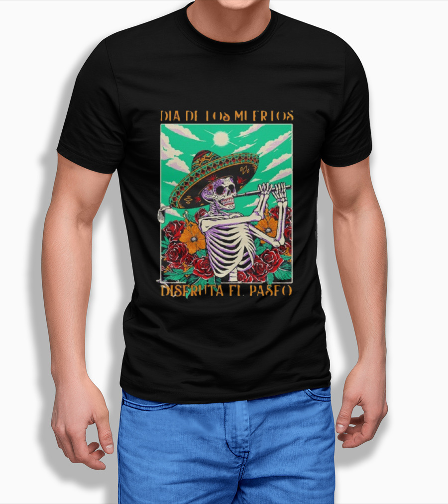 Calavera Golfer Día De Los Muertos Sombrero Flores Disfruta El Paseo T-Shirt